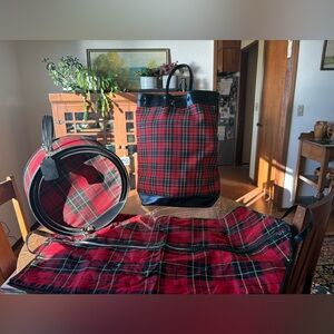 Vintage Luggage Tartan Red Plaid 3 Items. Hat Box/Zip Clothing Cover/Tall Tote